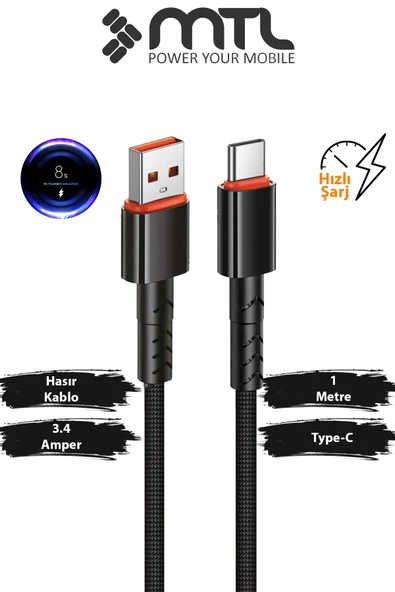 3.4A USB to Type-C Hızlı Şarj ve Data Kablosu Hasır 1 Metre MT2015 ürün görseli 1