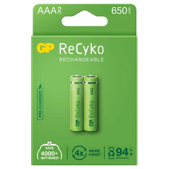 Gp Recyko 650mah Aaa Şarj Edilebilir İnce Kalem Pil 2'li Paket ürün görseli 1