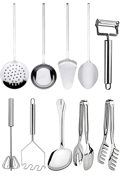 10 Parça Paslanmaz Çelik Spatula Kevgir Kepçe Kaşık Çırpıcı Çeyiz Hazırlık Seti ürün görseli 1