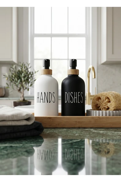 Modern Mutfak Tezgah Üstü 2'li Sabunluk Seti - Bambu Detaylı Hands & Dishes Sıvı Sabunluk Takımı - M ürün görseli 1