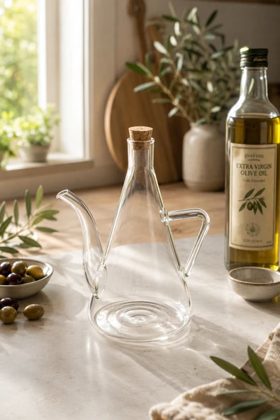 Cam Yağdanlık 500 ml 19 cm Şeffaf Kulplu Akıtmaz Yağlık Sirkelik Zeytinyağı Sunum Şişesi ürün görseli 1