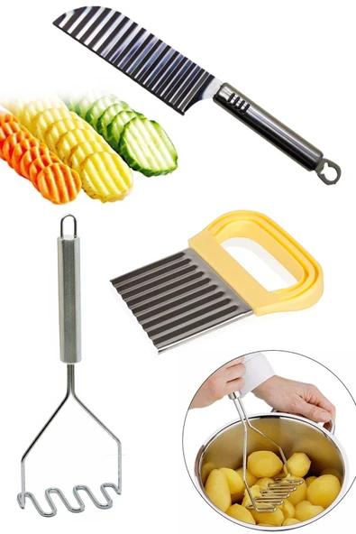 Şekilli Patates Bıçağı + Metal Patates Ezici + Meyve Sebze Doğrama Dilimleme Cips Bıçağı ürün görseli 1