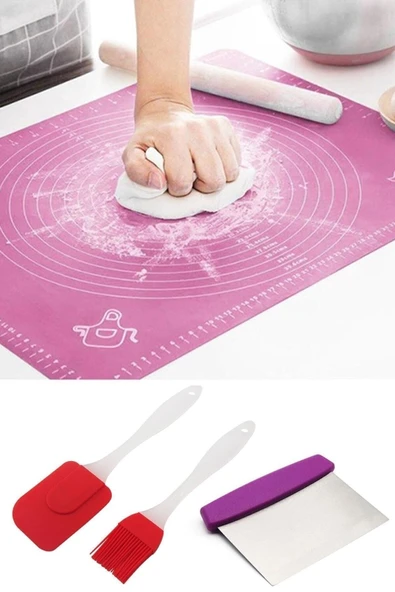 Hamur Açma Matı + Çelik Hamur Kesme Spatulası + Silikon Yumurta Fırçası Ve Spatula 2'li Set ürün görseli 1