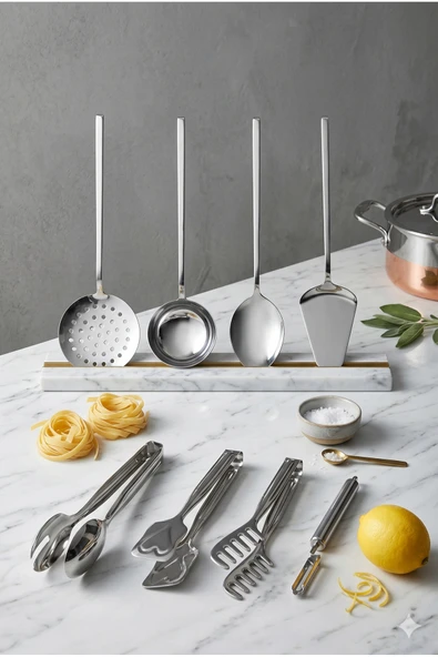 8 Parça Paslanmaz Çelik Mutfak Seti | Spatula Maşa Kepçe Yan Soyacak Servis Aletleri Çeyiz Seti ürün görseli 1