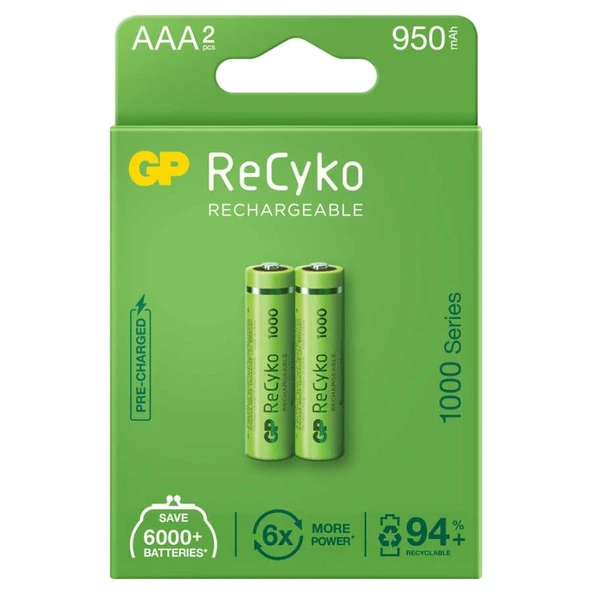 Gp Recyko 950mah Aaa Şarj Edilebilir İnce Kalem Pil 2'li Paket ürün görseli 1