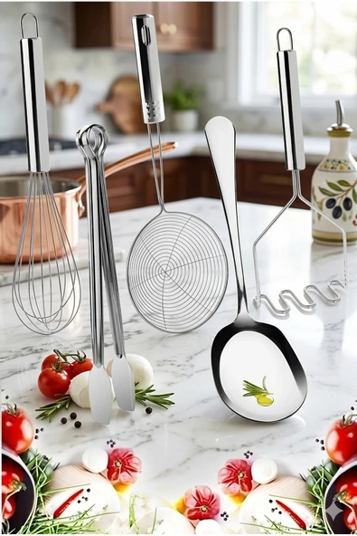 Servis Seti Kepçe Kevgir Süzgeç Izgara Maşası Metal Patates Ezici Çelik Tel Çırpıcı Servis Kaşığı ürün görseli 1