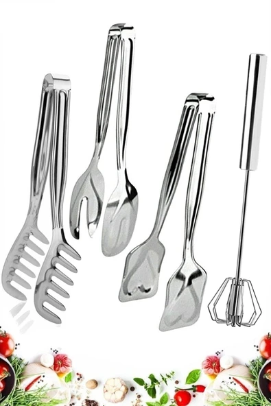 4 Parça Çelik Makarna Maşası, Salata Maşası, Pasta Maşası, Otomatik Çırpıcı Seti Mutfak Seti ürün görseli 1