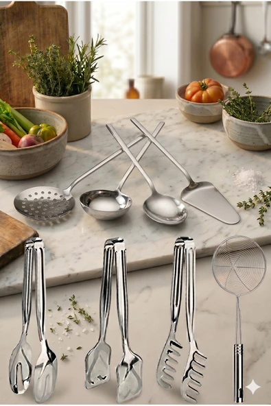 8 Parça Paslanmaz Çelik Mutfak Seti – Kevgir, Kepçe, Spatula, Maşa, Makarna Kaşığı | Servis Seti ürün görseli 1