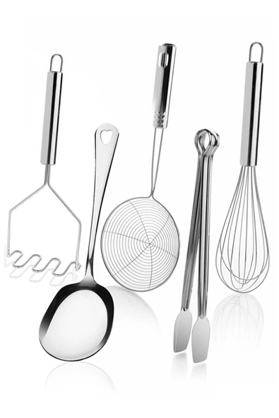 5 Parça Çelik Metal Mutfak Servis Seti Takımı Kaşık, Çırpıcı, Maşa, Patates Ezici, Kevgir ürün görseli 1