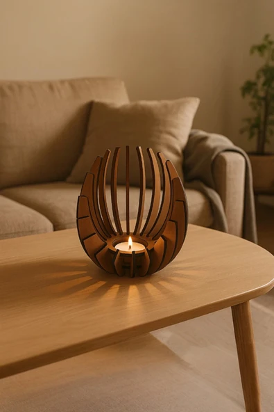 Ceviz Desenli Lotus Mumluk – 3 mm MDF Lazer Kesim, 14 cm ürün görseli 1