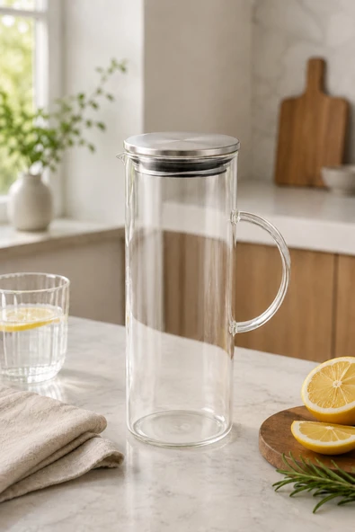 Cam Sürahi Paslanmaz Çelik Kapaklı Şeffaf Su Limonata Meyve Suyu Servis Sürahisi ürün görseli 1