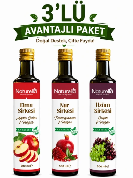 NATURELLA  NAR , ÜZÜM  & ELMA  SİRKE  SETİ  3 x 500 ml ürün görseli 1