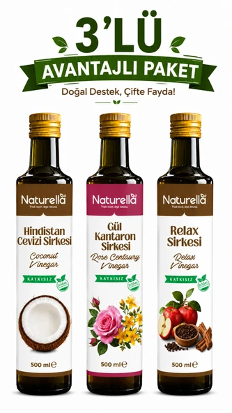 NATURELLA HİNDİSTAN  CEVİZİ , RELAX  ve GÜL & KANATARON  Sirkesi 3'lü Set x 500 ml ürün görseli 1