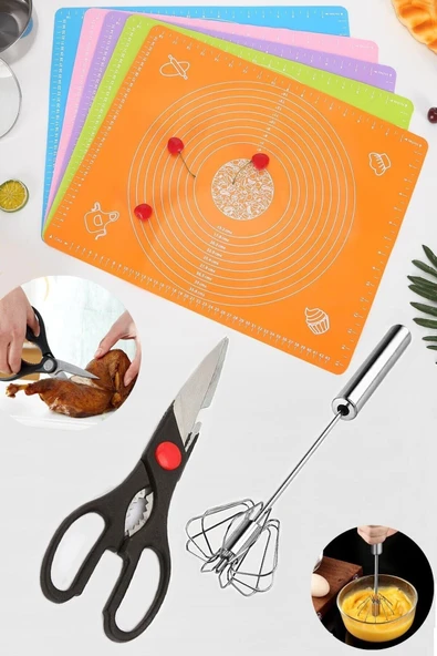 Mutfak Makası + Otomatik Basmalı Çırpıcı+Büyük Boy Silikon Hamur Açma Matı 40x50cm ürün görseli 1