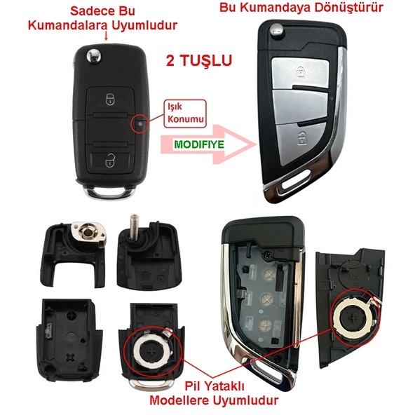 VW Golf Polo Jetta Bora Passat Transporter 2 Tuşlu Dönüşüm Çevirici Anahtar Kumanda Kabı Oto Anahtar ürün görseli 1