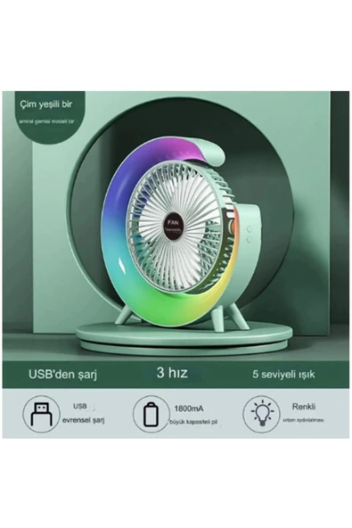 Masaüstü Vantilatör Usb Şarjlı Rgb Led Işıklı 3 Kademeli 180° Ayarlanabilir Soğutucu Fan Yeşil ürün görseli 1