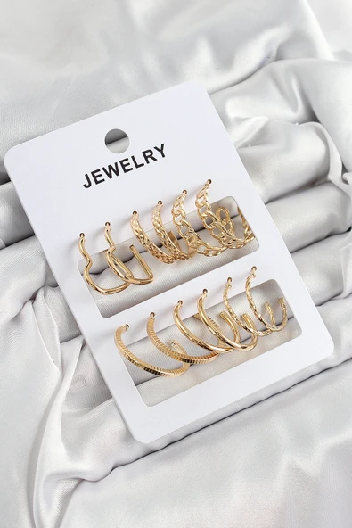 Pirinç Karışık Halka Model Gold Renk 6 Çift Kadın Küpe Set ürün görseli 1