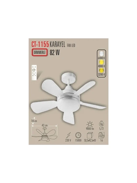 Cata CT-1155 Karayel Uzaktan Kumandalı 82W LED'li Tavan Vantilatörü ürün görseli 1