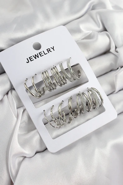 Pirinç Karışık Halka Model Gümüş Renk 6 Çift Kadın Küpe Set ürün görseli 1