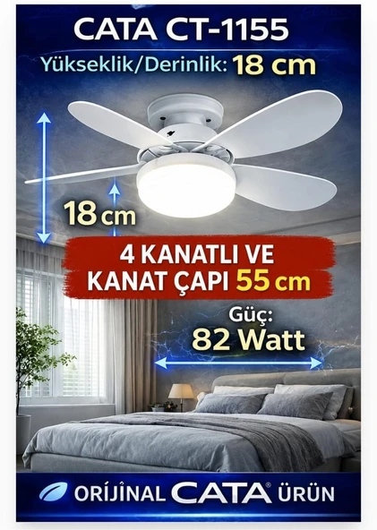 CATA Karayel Fan LED 82W Led Ampul Dimmerli CT-1155 4 Kanatlı CT 1155 ürün görseli 1