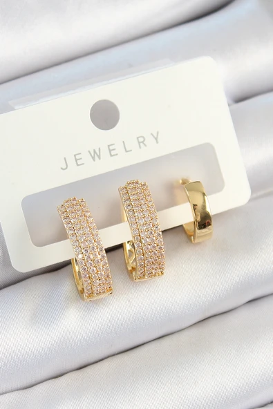 Pirinç Zirkon Taşlı Damla Model Gold Renk 3'lü Çift Kadın Küpe Set ürün görseli 1