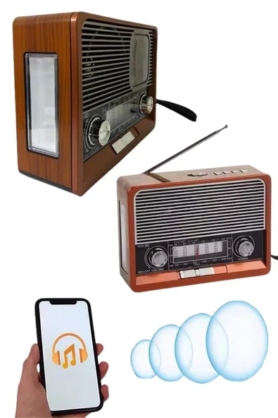Saatli Fenerli Bluetooth Nostaljik Radyo AUX SD USB Girişli Bluetooth Hoparlör ürün görseli 1
