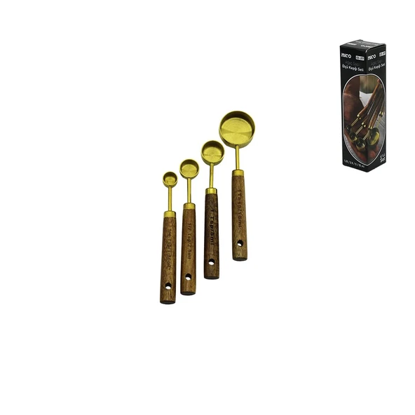 4 Pcs Gold Metal Ölçü Kaşık Seti Otantik Ağaç Kulp 15ML - 5ML - 2.5ML - 1.25ML ürün görseli 1
