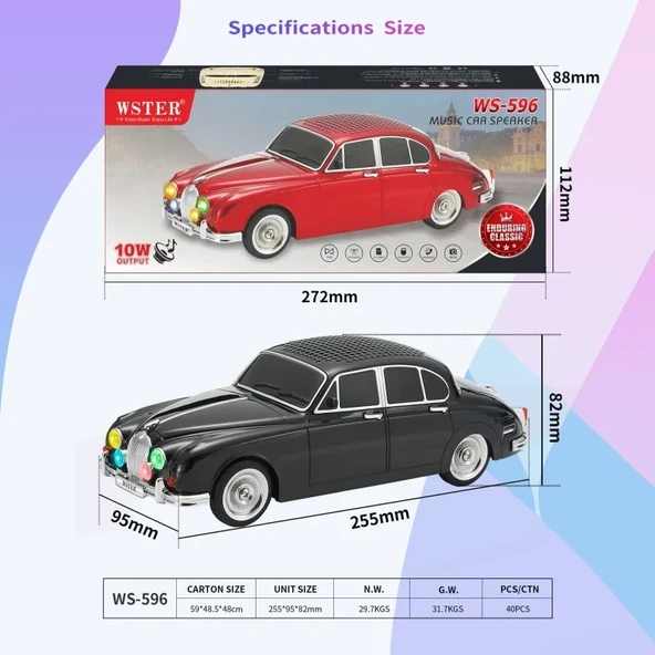 WS-596 Araba Görünümlü Kablosuz Bluetooth Hoparlör Siyah - Resim 5