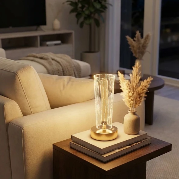 Silindirik Kristal Nokta Model LED Masa Lambası – Gold Tabanlı, Dokunmatik, 3 Renk Işık Modlu, Şarjlı Modern Dekoratif Gece Lambası ürün görseli 1