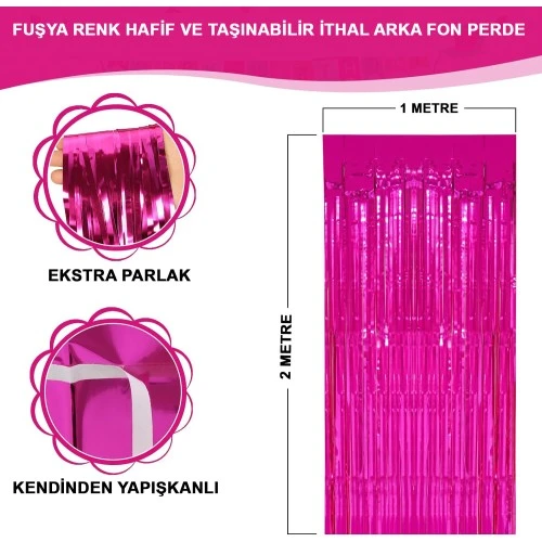 Ekstra Metalize Parlak Saçaklı Arka Fon Perde Fuşya ürün görseli 1