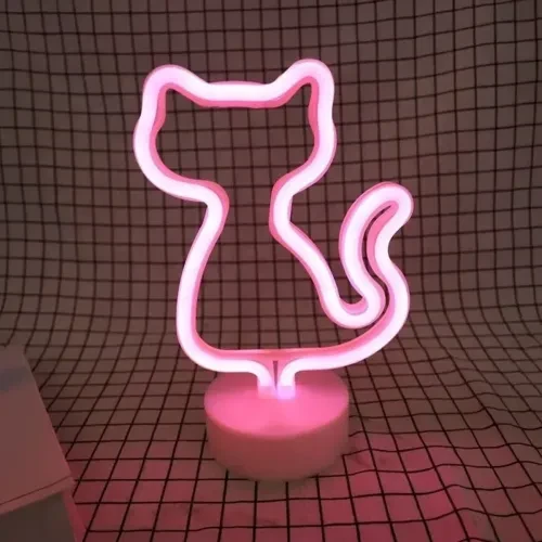 Neon Kedi Masa Gece Lambası Pembe Işık - Resim 5