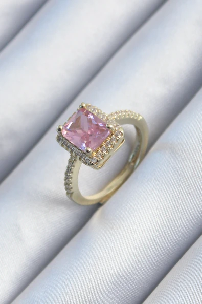 Pirinç Gold Renk Pembe Zirkon Taşlı Kadın Yüzük ürün görseli 1