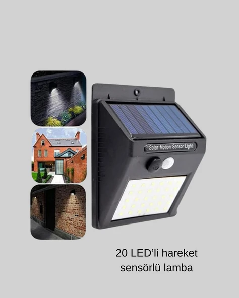 Güneş Enerjili 20 LED Hareket Sensörlü Lamba – IP65 Su Geçirmez Dış Mekan Aydınlatma ürün görseli 1
