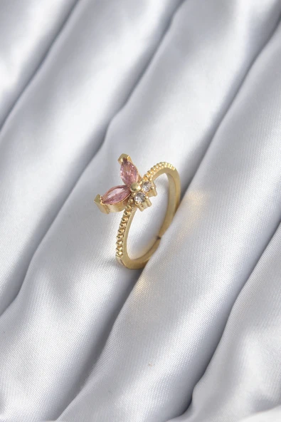 Gold Renk Pembe Zirkon Taşlı Kelebek Model Kadın Yüzük ürün görseli 1