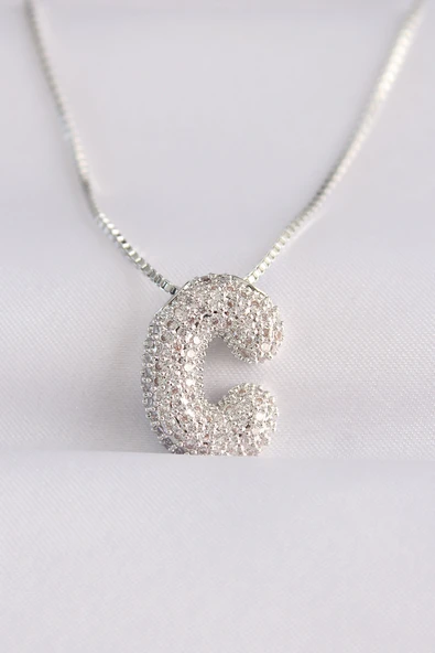 316L Çelik Zincirli Zirkon Taşlı C Harfli Silver Renk Bubble Kolye ürün görseli 1