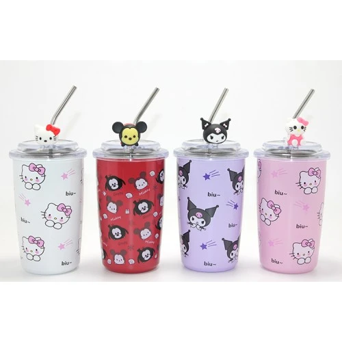 Sanrio Hello Kitty Ve Kuromi Figürlü Isı Muhafazalı Metal Pipetli Çelik Kupa ürün görseli 1