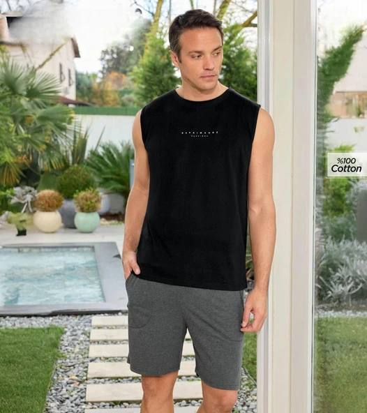 Pijamoni Erkek Bisiklet Yaka Kolsuz Şortlu Pijama Takımı 6180/6 - 1 Adet  XL Siyah ürün görseli 1