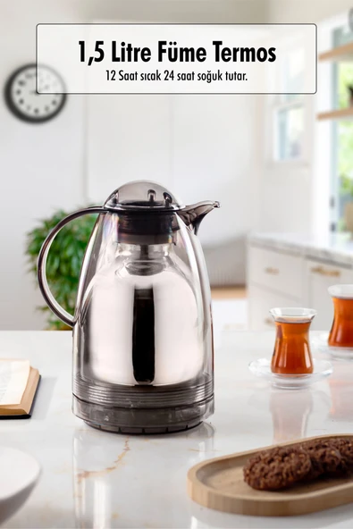 1.5 LT Isı Yalıtımlı Çay Ve Soğuk Su Termosu Füme (12 Saat Sıcak Tutar& İçi Camdır) ürün görseli 1