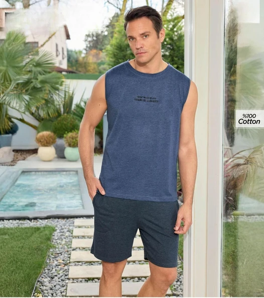 Pijamoni Erkek Bisiklet Yaka Kolsuz Şortlu Pijama Takımı 6180/8 - 1 Adet  M Mavi ürün görseli 1