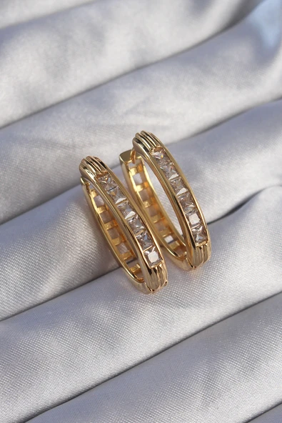 Pirinç Gold Renk Zirkon Taşlı Oval Model Küpe ürün görseli 1