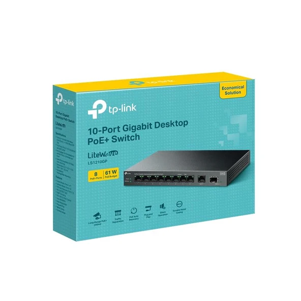 TP-LINK LS1210GP 8 PORT GIGABIT + 1XRJ45/1XSFP UPLINK 61W 250 METRE POE MESAFE METAL KASA ürün görseli 1