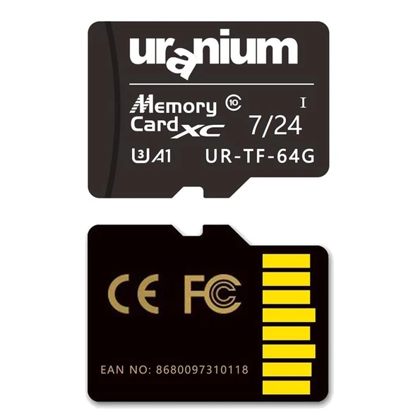 64GB URANIUM UR-TF-64G MICRO SD CARD U3 7/24 SURVEILLANCE 100/40MBS INDUSTRIAL HAFIZA KARTI (3 YIL GARANTİ) ürün görseli 1