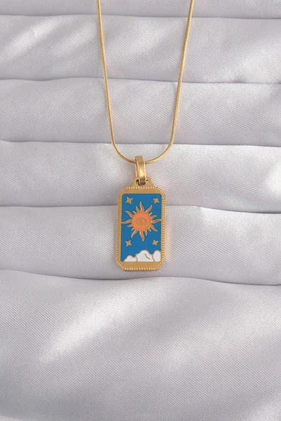 316L Çelik Gold Renk Mavi Mineli Güneş Model Tarot Kolye ürün görseli 1