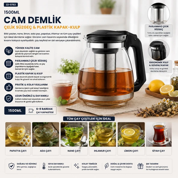ÇELİK SÜZGEÇLİ CAM DEMLİK 1500ML (5250) - Resim 3