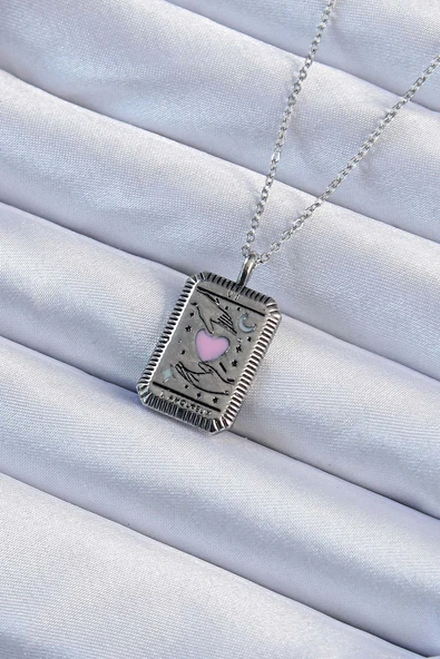 316L Çelik Zincir Eskitme Gümüş Renk Pembe Mineli Kalp Figürlü Tarot Kolye ürün görseli 1