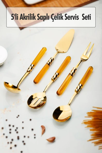 5 Parça Gold Servis Seti & Servis Sunum Seti Amber ( Kepçe / Kevgir / Sıpatula / Çatal / Kaşık ) ürün görseli 1
