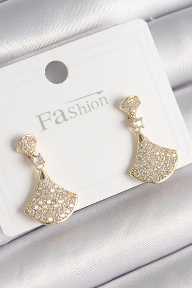 Pirinç Gold Renk Zirkon Taşlı Motif Model Kadın Küpe ürün görseli 1