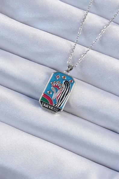 316L Çelik Zincir Gümüş Renk Taç ve Kız Figürlü Renkli Mineli Tarot Kolye ürün görseli 1