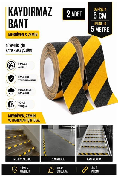 Merdiven Kaydırmaz Bant Sarı Siyah 50mm 2 Adet Mas Güvenlik Uyarı Bandı 5 Metre 5 cm Yapışkanlı Basamak Mermer Beton ürün görseli 1