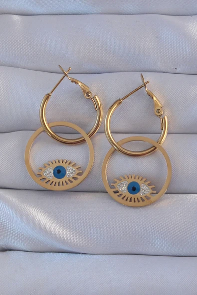 316L Çelik Gold Renk Zirkon Taşlı Mavi Göz Tasarımlı Halka Küpe ürün görseli 1